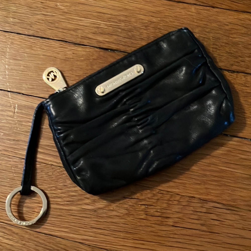 Black Leather Michael Kors Zipper Wallet with Keychain Strap